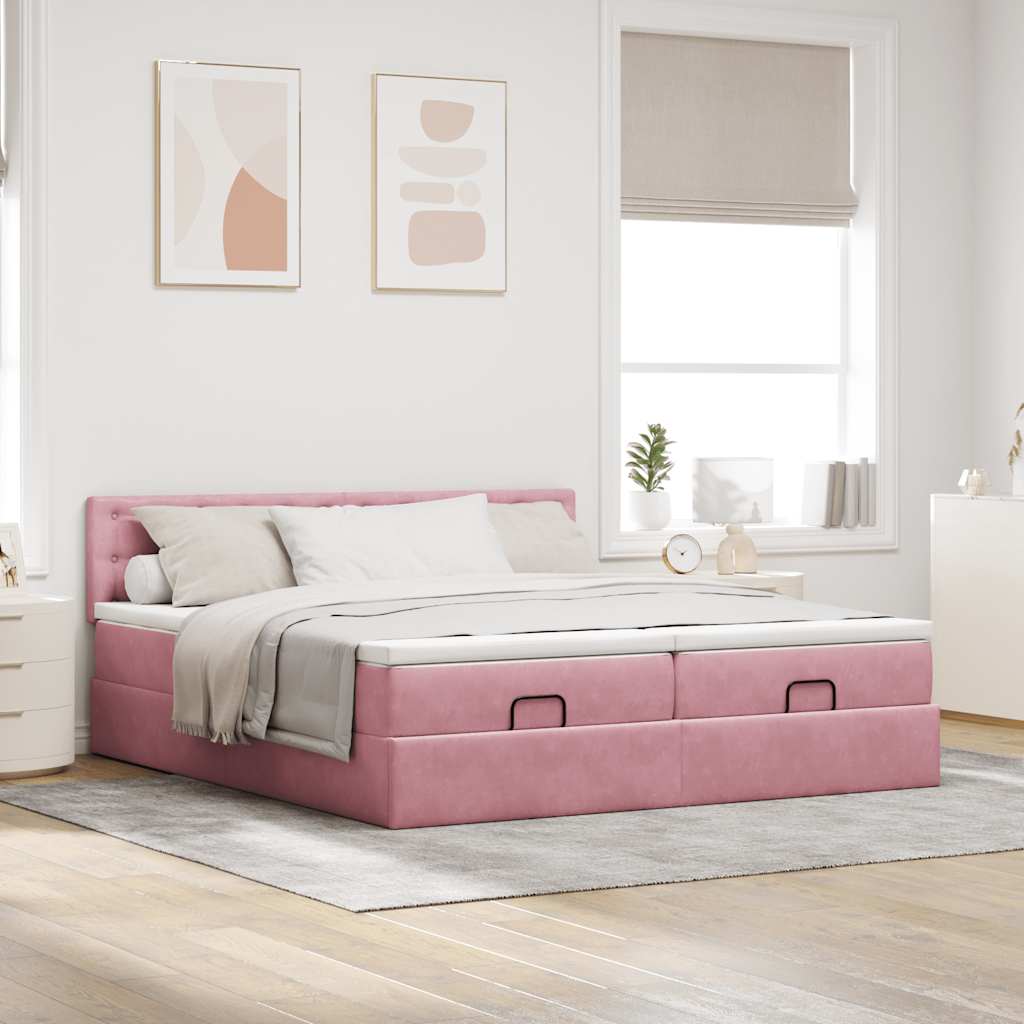 moldura de cama otomana vidaXL com colchão rosa 200x200cm Veludo - Image 2