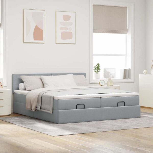 Estrutura de cama otomana com colchões tecido cinzento claro - Image 3