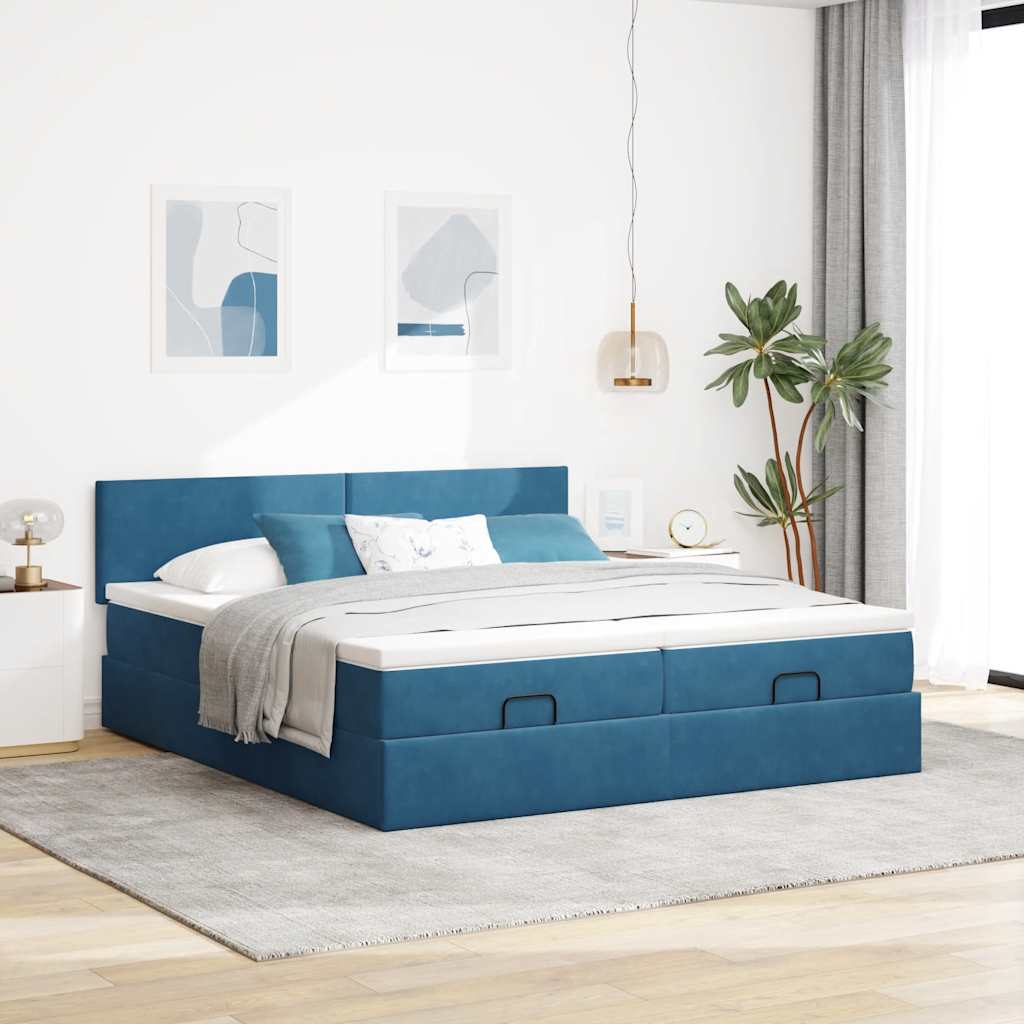 Estrutura de cama otomana com colchão azul escuro veludo - Image 3