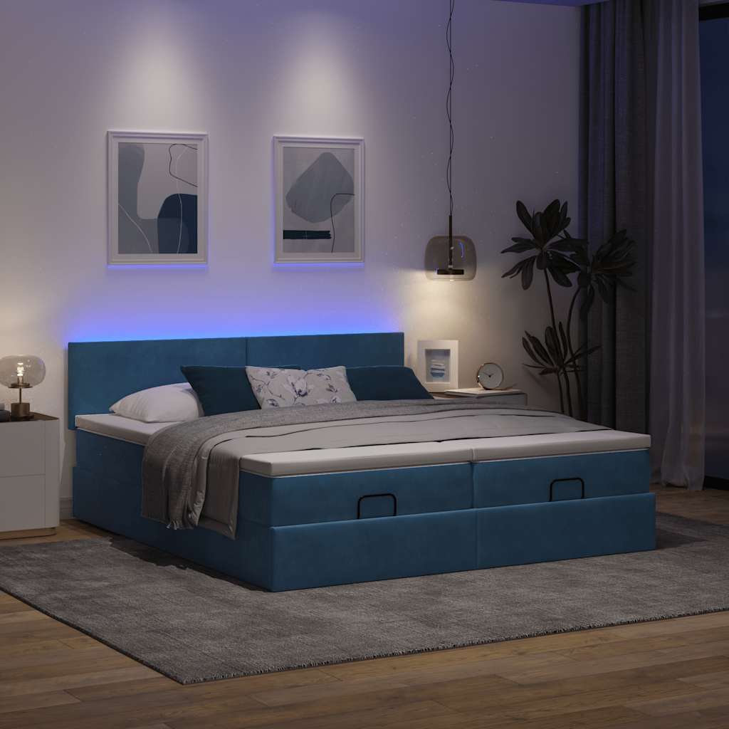 Estrutura de cama otomana com colchão azul escuro veludo