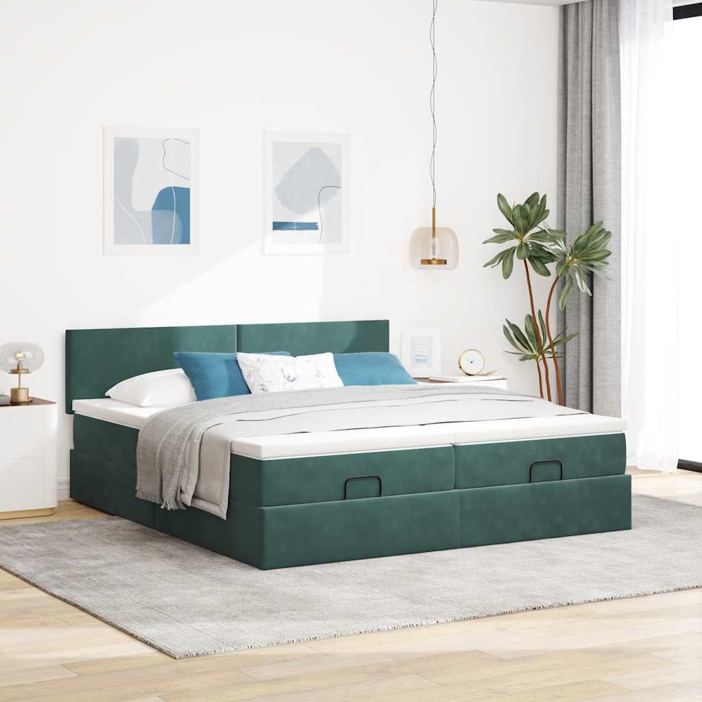 Estrutura de cama otomana com colchão verde escuro veludo - Image 3