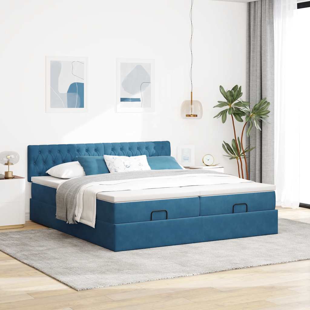 Estrutura de cama otomana com colchão azul escuro Veludo - Image 3