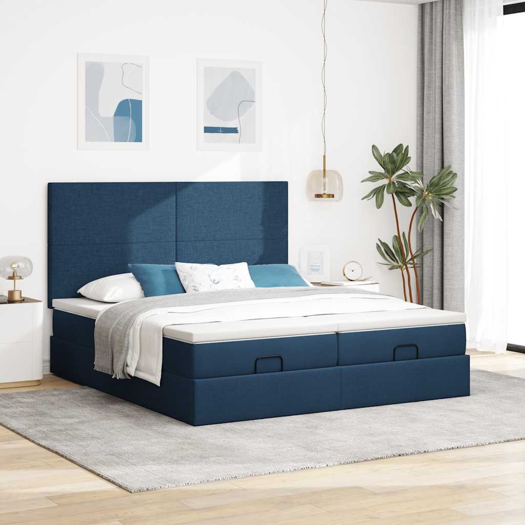 Estrutura de cama otomana com colchões 200x200cm tecido azul - Image 2