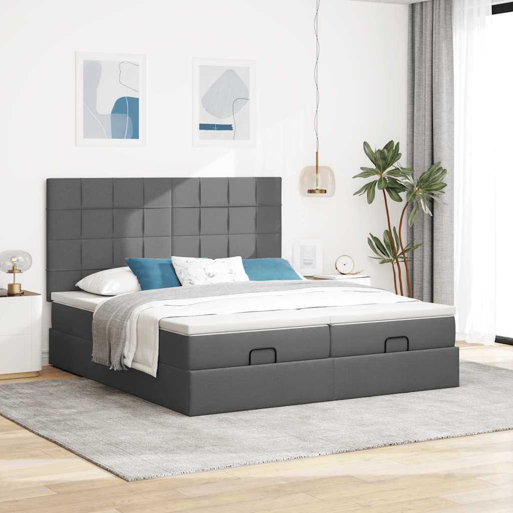 Estrutura de cama otomana com colchões tecido cinzento escuro - Image 2