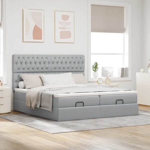 Estrutura de cama otomana com colchões tecido cinzento claro - Image 2