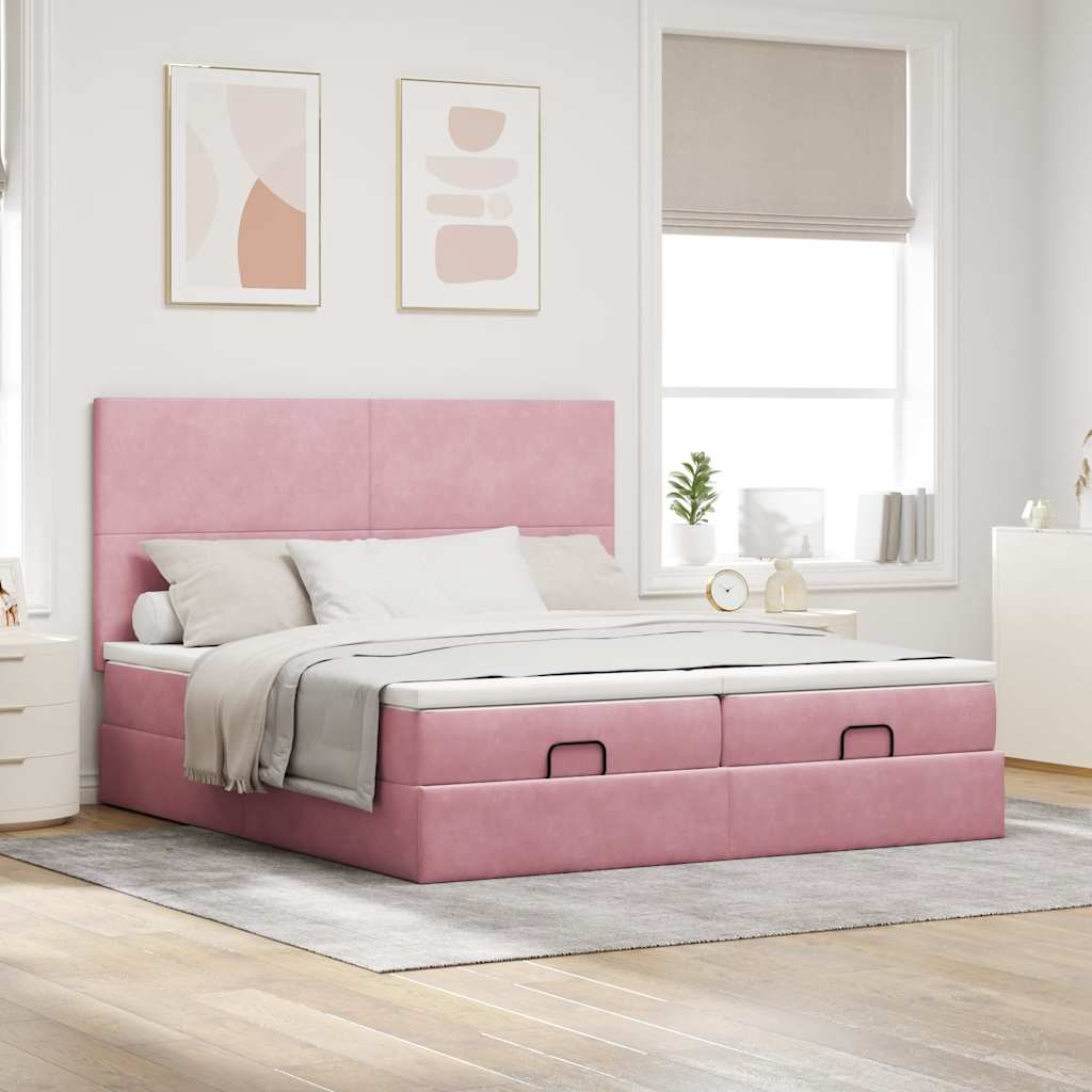 moldura de cama otomana vidaXL com colchão rosa 200x200cm Veludo - Image 2