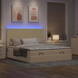 Estrutura de cama otomana com colchões tecido creme 200x200cm