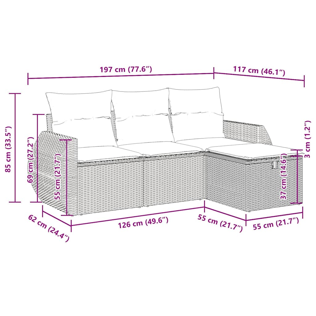 4 pcs conjunto sofás de jardim c/ almofadões vime PE castanho - Image 10