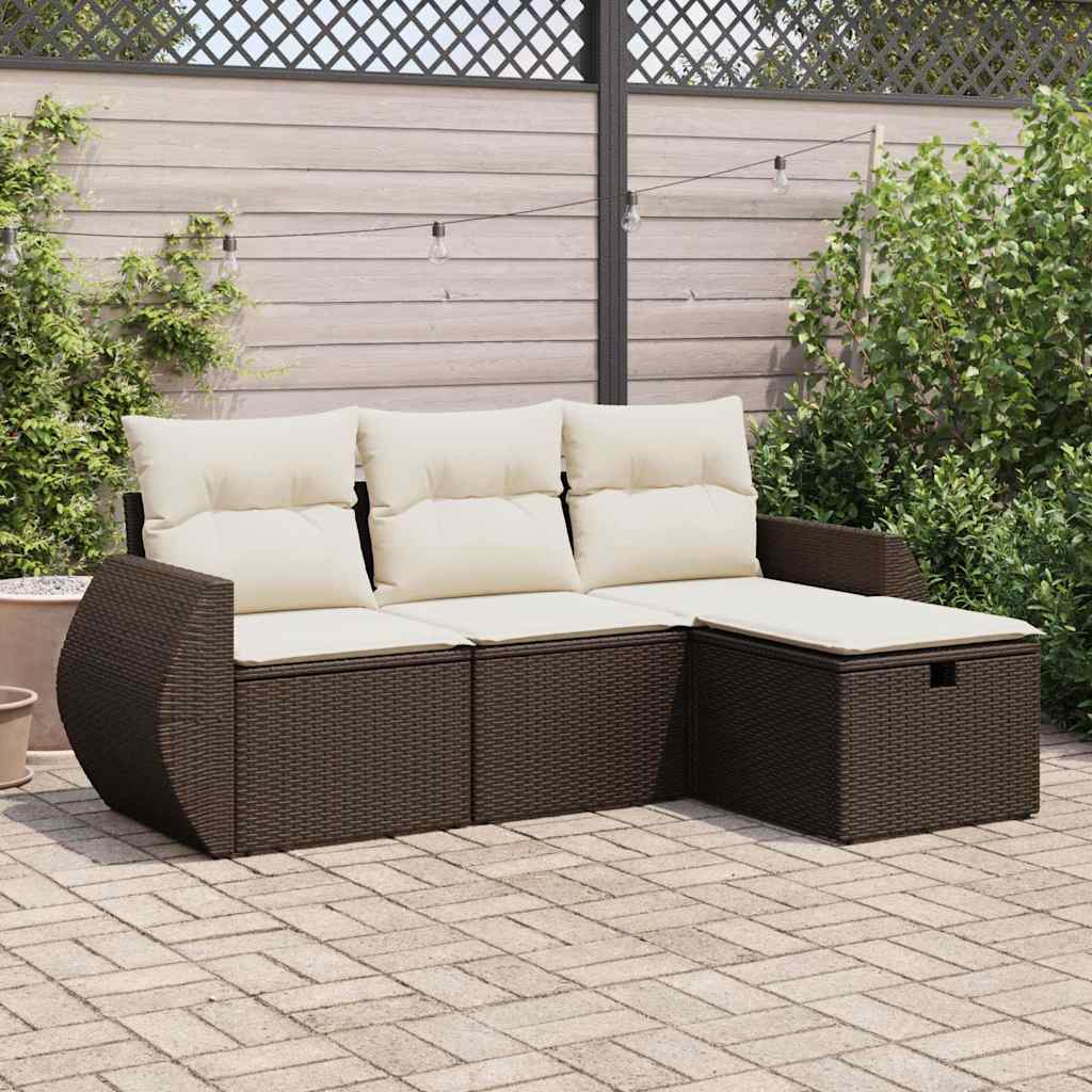 4 pcs conjunto sofás de jardim c/ almofadões vime PE castanho