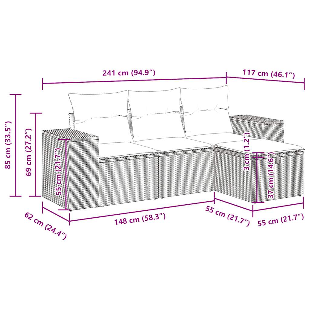 4 pcs conjunto de sofás para jardim c/ almofadões vime PE preto - Image 11