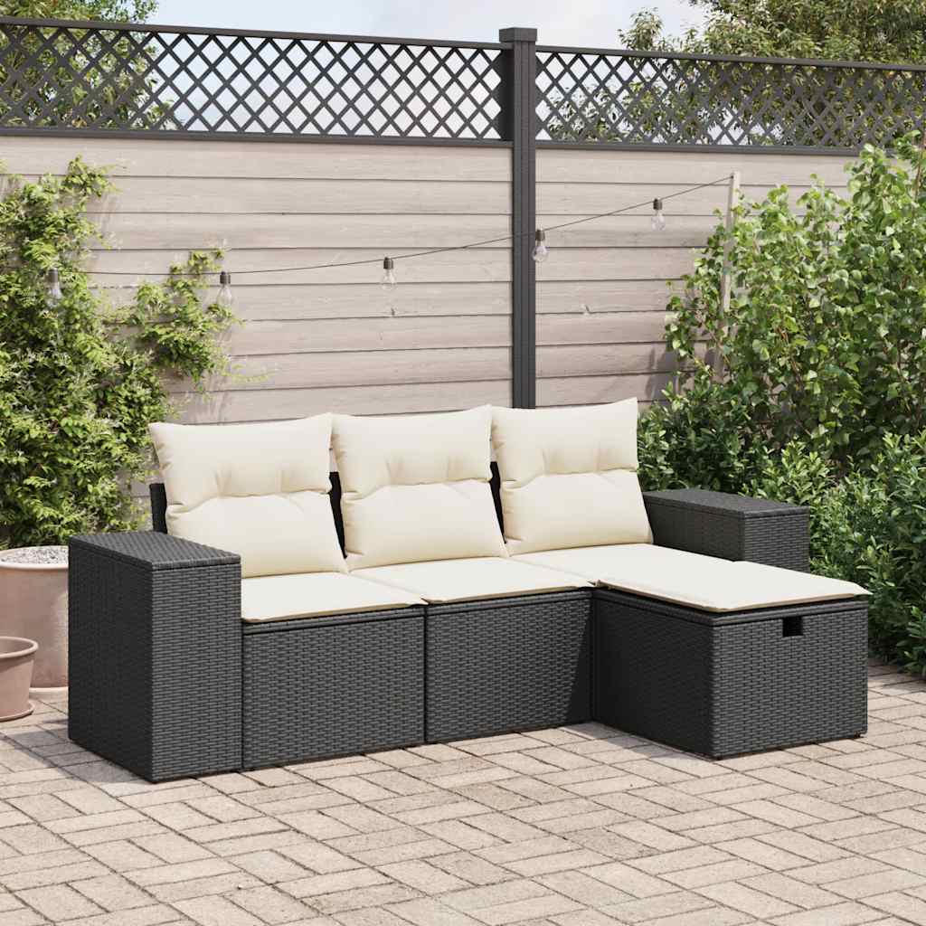 4 pcs conjunto de sofás para jardim c/ almofadões vime PE preto