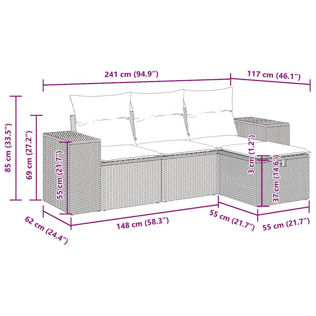 4 pcs conjunto sofás de jardim c/ almofadões vime PE cinzento - Image 11