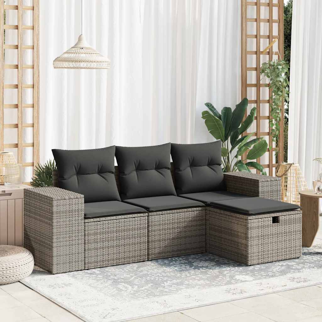 4 pcs conjunto sofás de jardim c/ almofadões vime PE cinzento