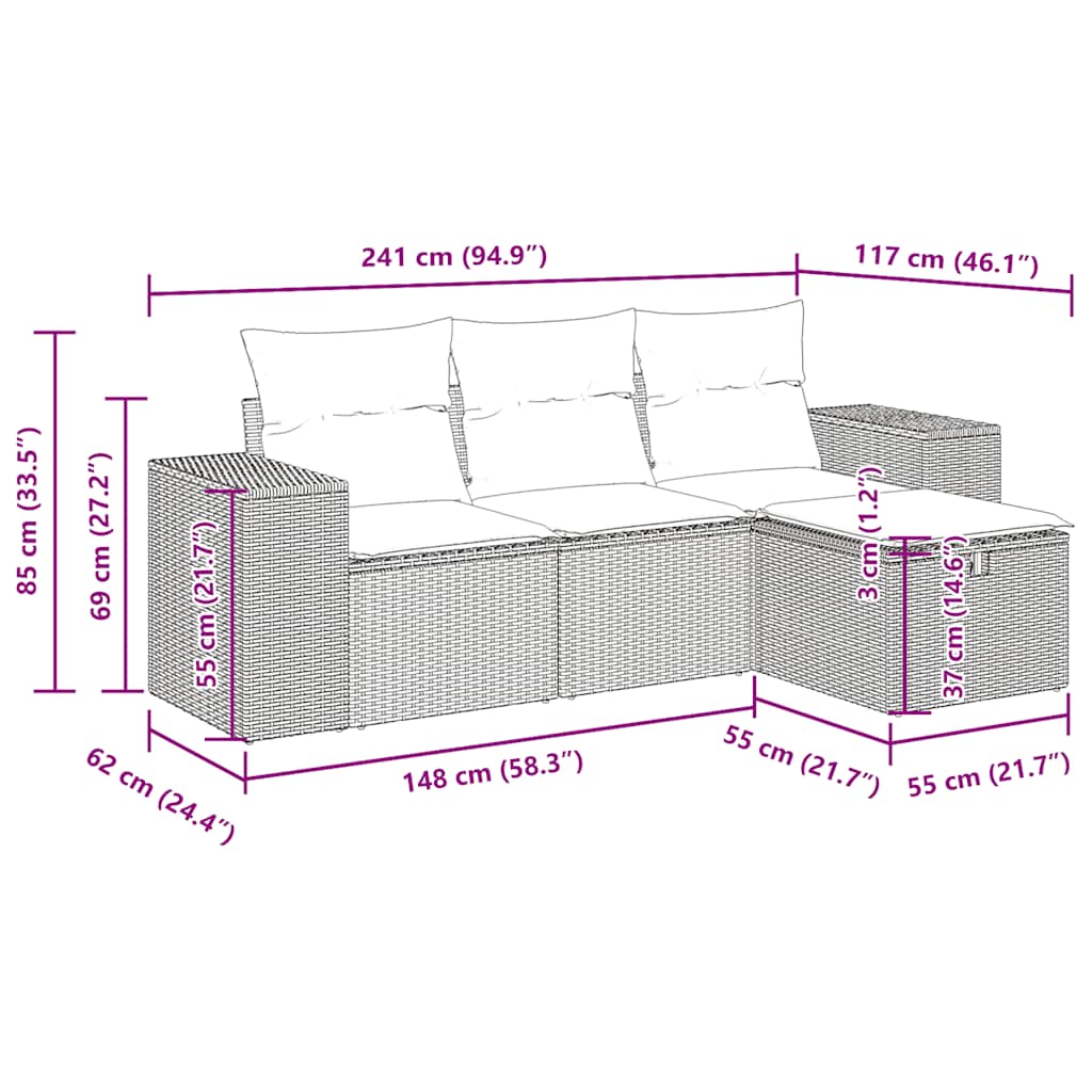 4 pcs conjunto sofás de jardim c/ almofadões vime PE castanho - Image 11