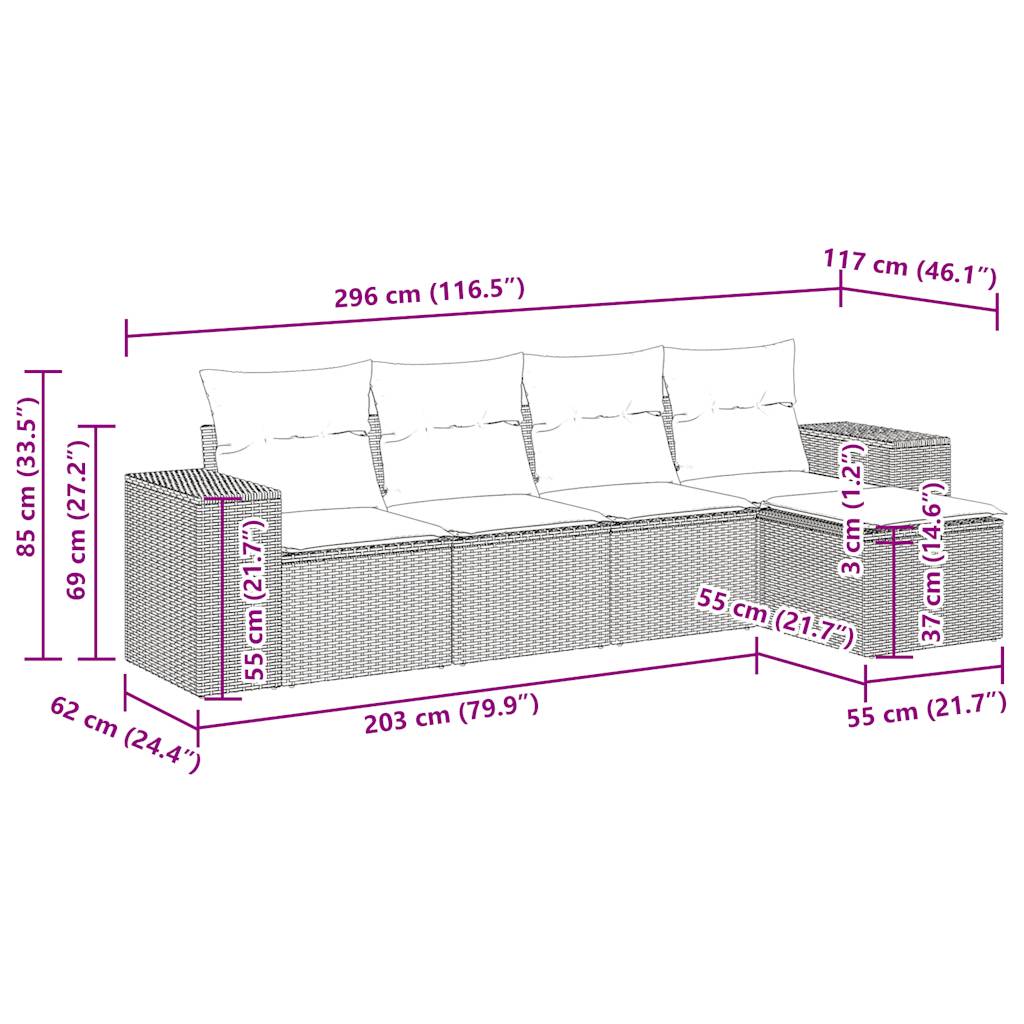 5 pcs conjunto de sofás p/ jardim com almofadões vime PE bege - Image 11