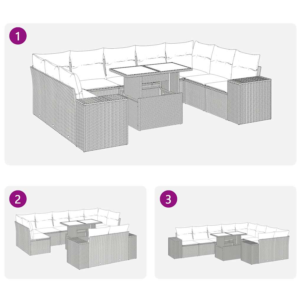 10 pcs conjunto sofás de jardim c/ almofadões vime PE preto - Image 10