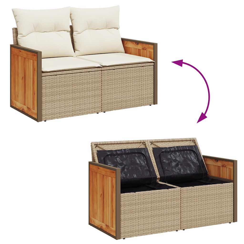 9 pcs conjunto sofás jardim com almofadões vime PE/acácia bege - Image 8