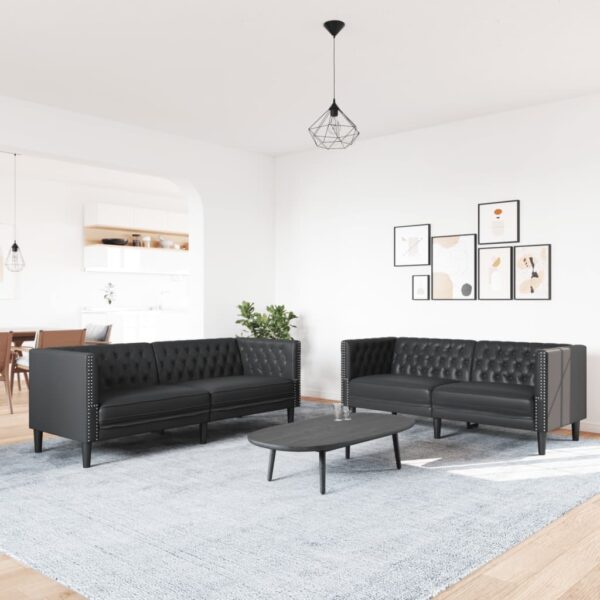 2 pcs conjunto de sofás chesterfield couro artificial preto - Image 2