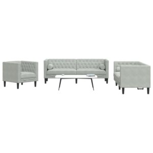 3 pcs conj. de sofás chesterfield com rolos veludo cinza-claro