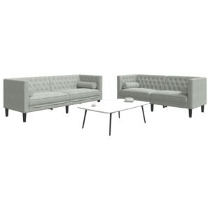 2 pcs conj. de sofás chesterfield com rolos veludo cinza-claro