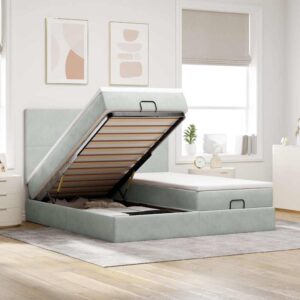 Estrutura cama otomana colchões 180x200cm veludo cinzento claro
