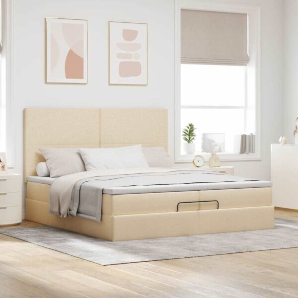 Estrutura de cama otomana com colchões tecido creme 200x200cm - Image 2