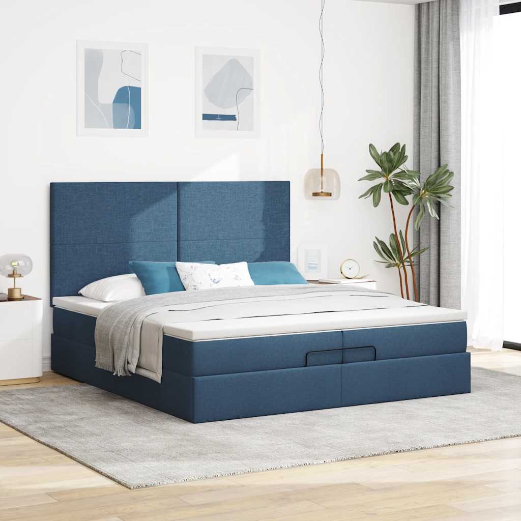 Estrutura de cama otomana com colchões 200x200cm tecido azul - Image 2