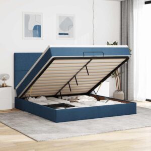 Estrutura de cama otomana com colchões 200x200cm tecido azul