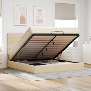 Estrutura de cama otomana com colchões tecido creme 200x200cm