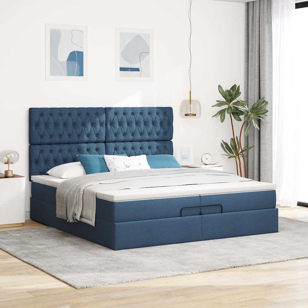 Estrutura de cama otomana com colchões 200x200cm tecido azul - Image 2