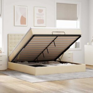 Estrutura de cama otomana com colchões tecido creme 200x200cm