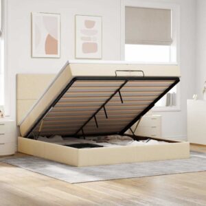 Estrutura de cama otomana com colchões tecido creme 200x200cm