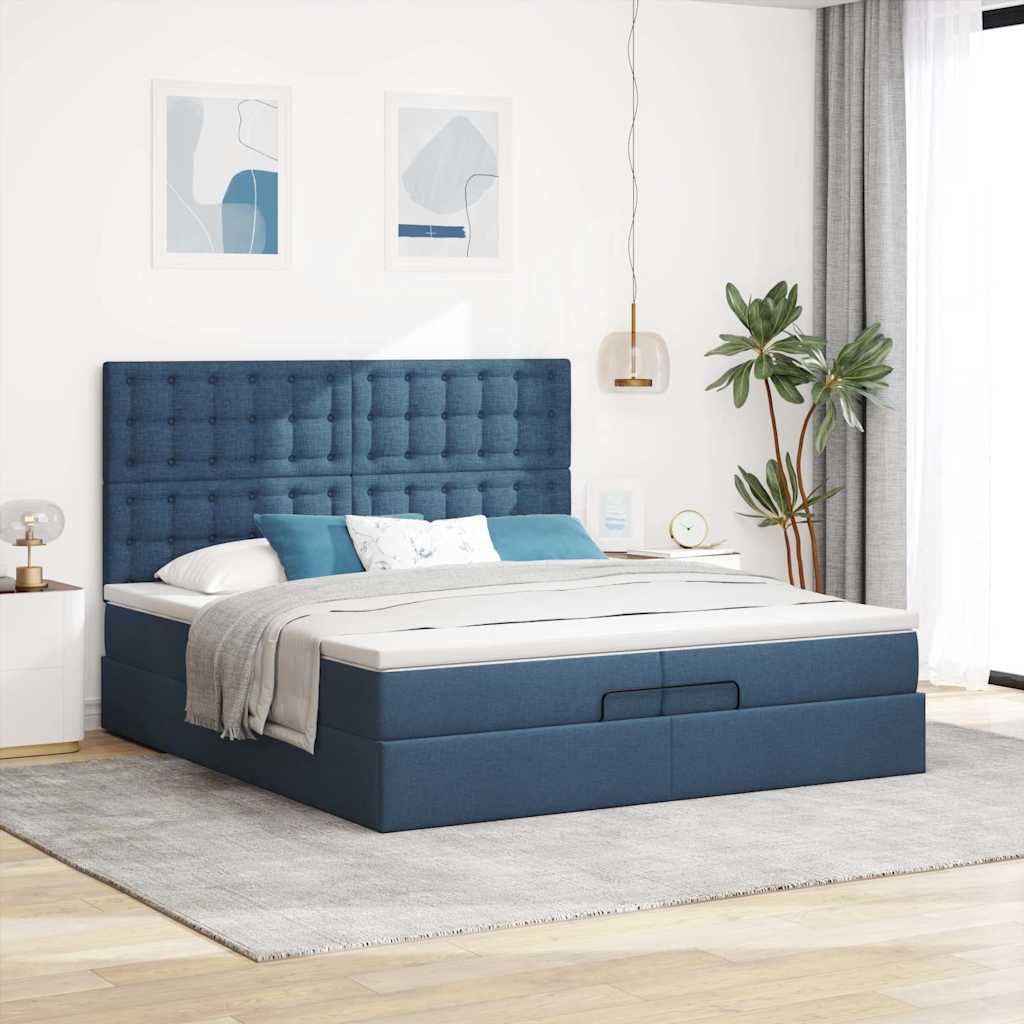 Estrutura de cama otomana com colchões 200x200cm tecido azul - Image 3