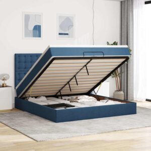 Estrutura de cama otomana com colchões 200x200cm tecido azul