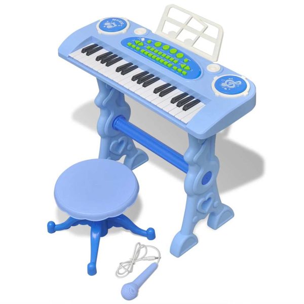 Piano brinquedo com banco/microfone, 37 teclas, azul