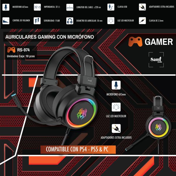 Auriculares Sami GAMER c/luz led multicolor compatible