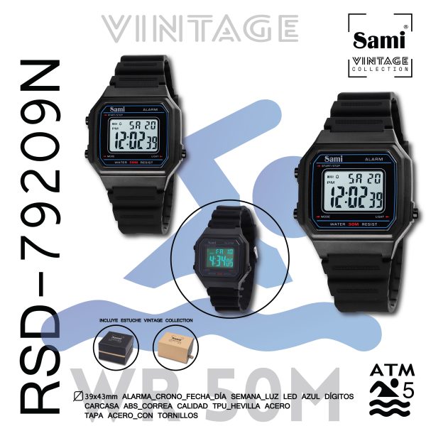 RELOJ SAMI VINTAGE LCD WR50M CORREA/CARCASA NEGRO - Image 2