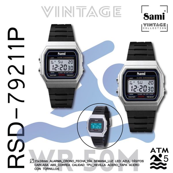 RELOJ SAMI VINTAGE LCD WR50M ALARMA/CRONO/FECHA/LUZ