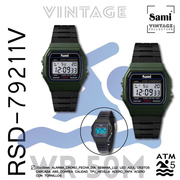 RELOJ SAMI VINTAGE LCD WR50M ALARMA/CRONO/FECHA/LUZ