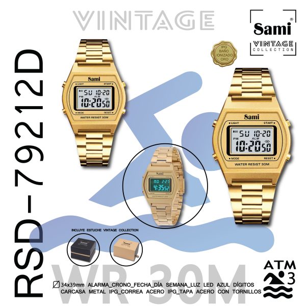 RELOJ SAMI VINTAGE LCD WR30M DORADO IPG CORREA ACERO - Image 2