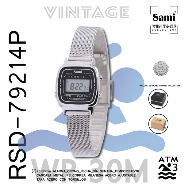 RELOJ SAMI VINTAGE LCD WR30M PEQ.IPS MILANESA AJUSTABLE - Image 2