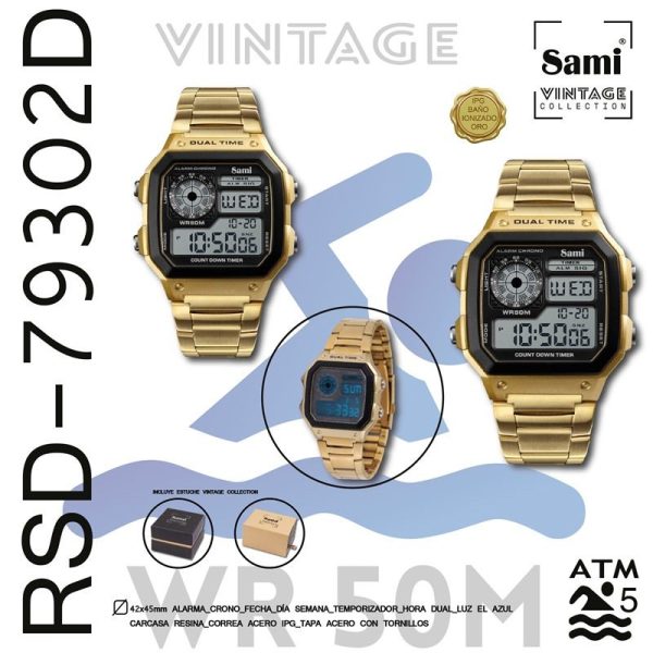 Reloj Sami Vintage cuad LCD WR50M acero IPG ajustable