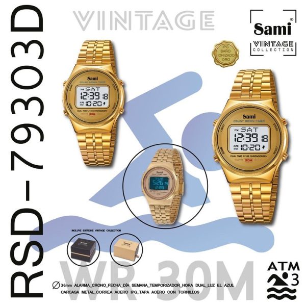 Reloj Sami Vintage red LCD WR30M dorado IPG correa