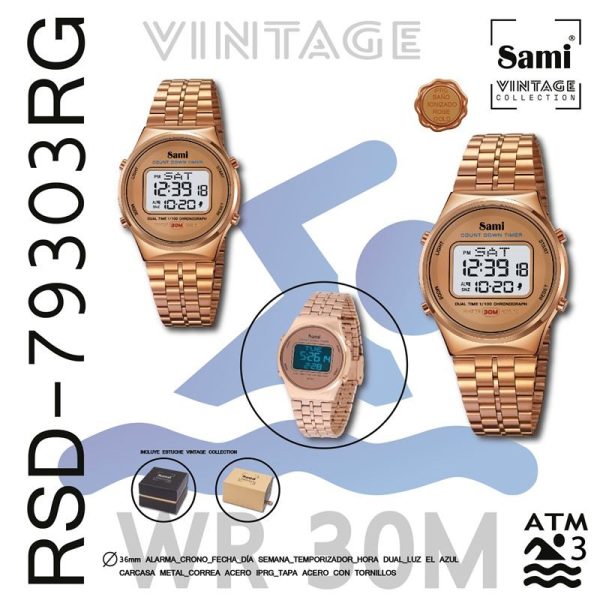 Reloj Sami Vintage red LCD WR30M rgold IPRG correa