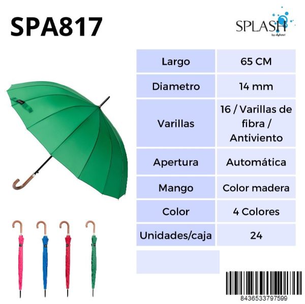 PARAGUAS SPLASH SRA LARGO 16V ANTIVIENTO LISO COLORES