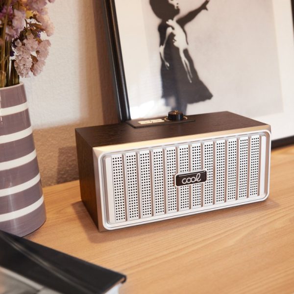 Altavoz Música Universal Bluetooth Marca COOL Retro (20W) Madera Negro Frontal Plata - Image 4