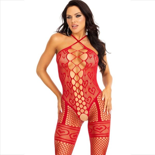 LEG AVENUE - BODYSTOCKING NECK HALTER RED HEARTS RED