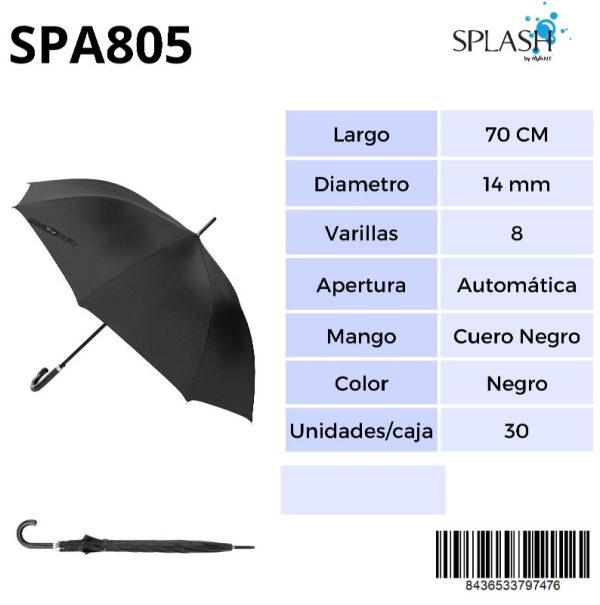 PARAGUAS SPLASH CAB GOLF LISO NEGRO MANGO CUERO