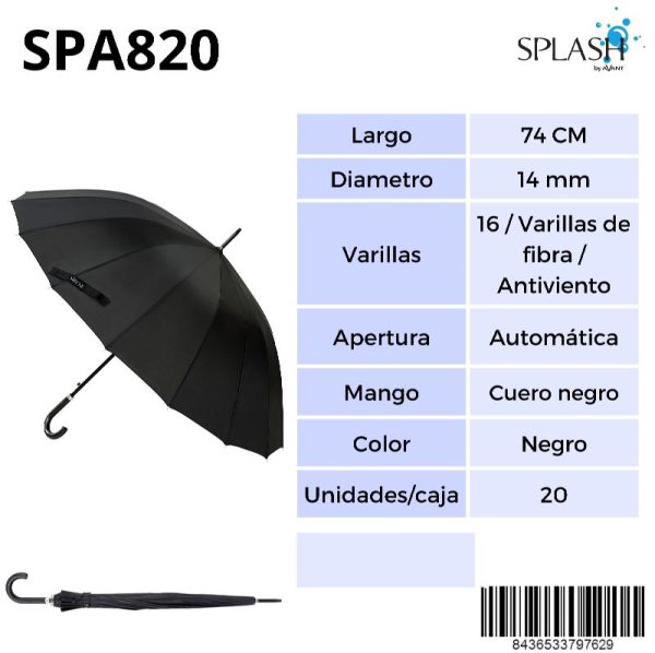 PARAGUAS SPLASH CAB GOLF 16V ANTIVIENTO NEGRO MANGO CUERO