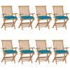 Cadeiras de jardim c/ almofadões azuis-claros 8 pcs teca maciça